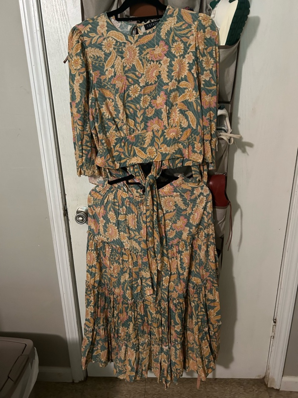 1. State Floral Tiered Long Sleeve Dress in Green and Yellow